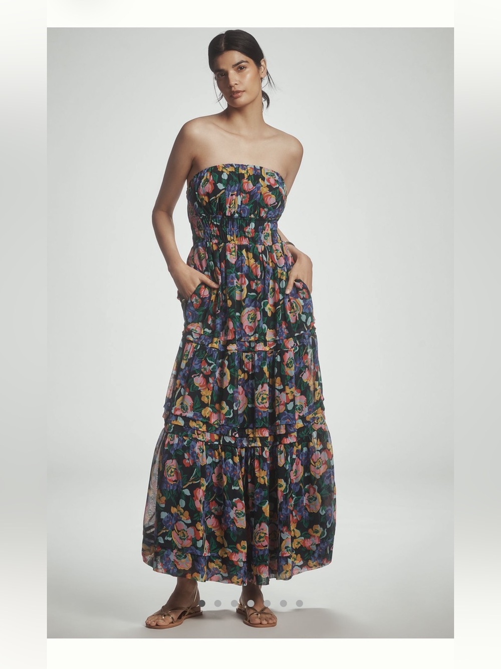Anthropologie Strapless Floral Tiered Maxi Dress — Black with Multicolor Floral